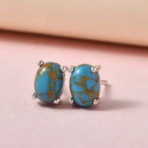 Natural Oval Cut Turquoise Simple Solitaire Studs For Women - 925 Sterling Silver Studs