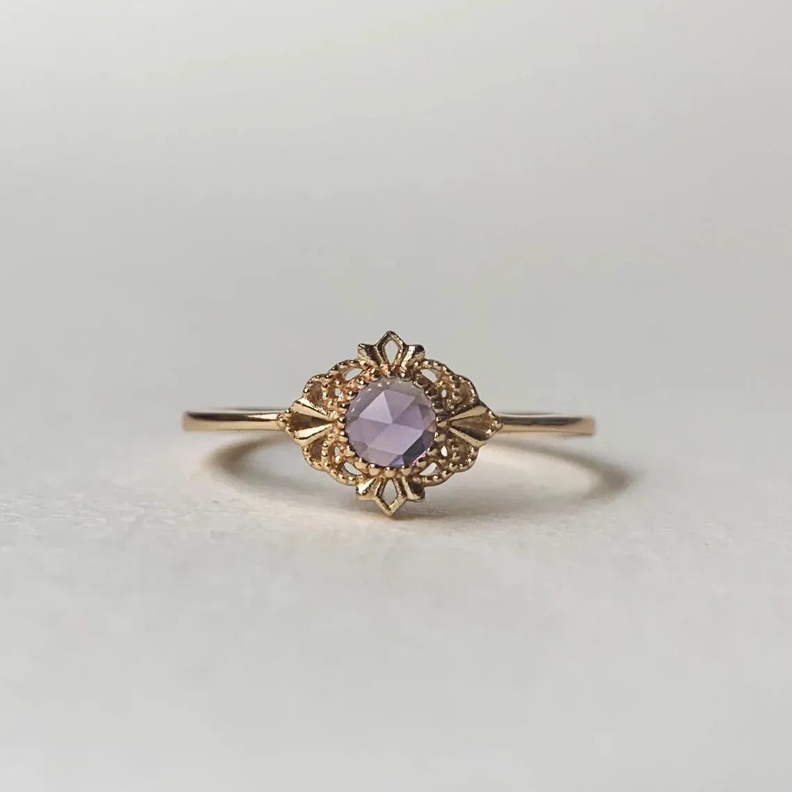 Natural Round Cut Amethyst Bezel Set Solitaire Vintage Rings- 14k Gold Vermeil Rings