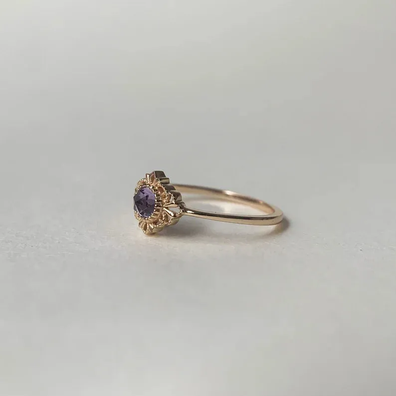 Natural Round Cut Amethyst Bezel Set Solitaire Vintage Rings- 14k Gold Vermeil Rings