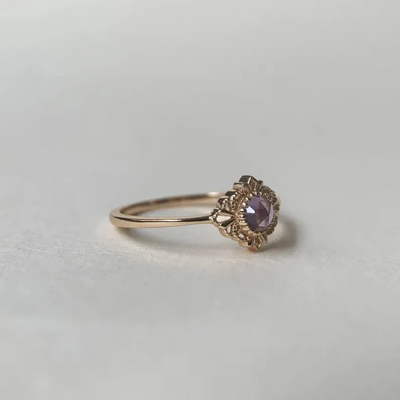 Natural Round Cut Amethyst Bezel Set Solitaire Vintage Rings- 14k Gold Vermeil Rings