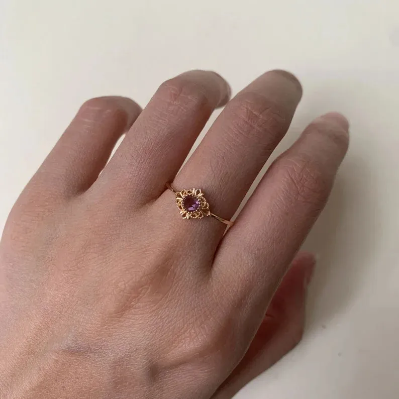 Natural Round Cut Amethyst Bezel Set Solitaire Vintage Rings- 14k Gold Vermeil Rings