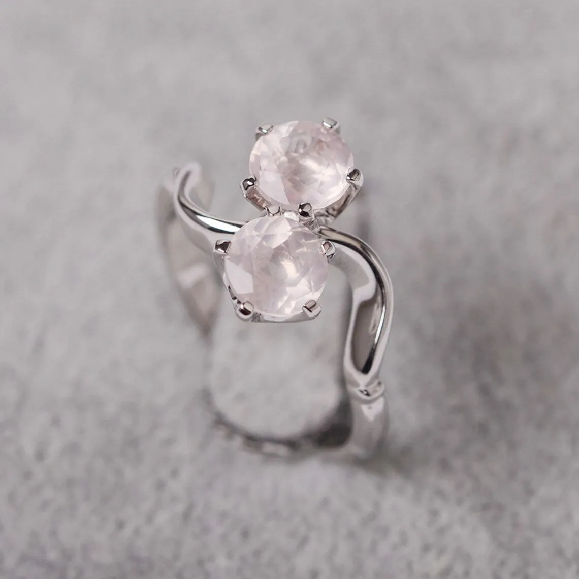 Natural Round Cut Rose Quartz Promise Ring - 925 Sterling Silver Ring