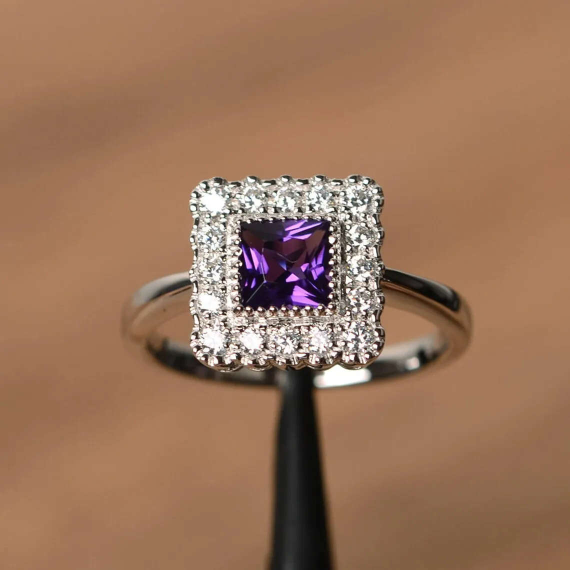 Natural Square Cut Amethyst Halo Statement Ring - 925 Sterling Silver Rings