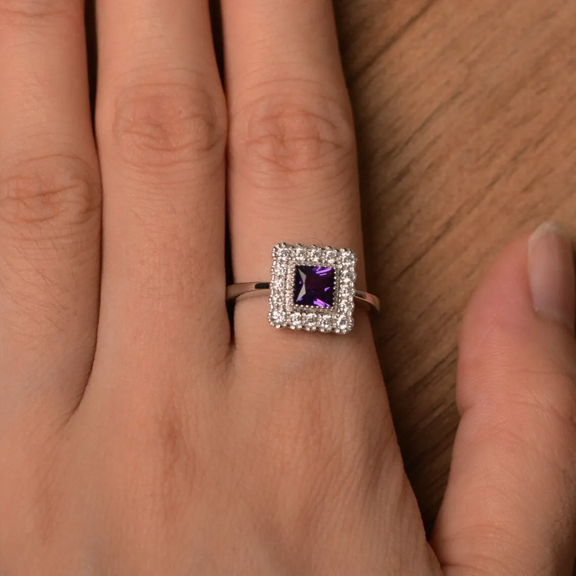 Natural Square Cut Amethyst Halo Statement Ring - 925 Sterling Silver Rings