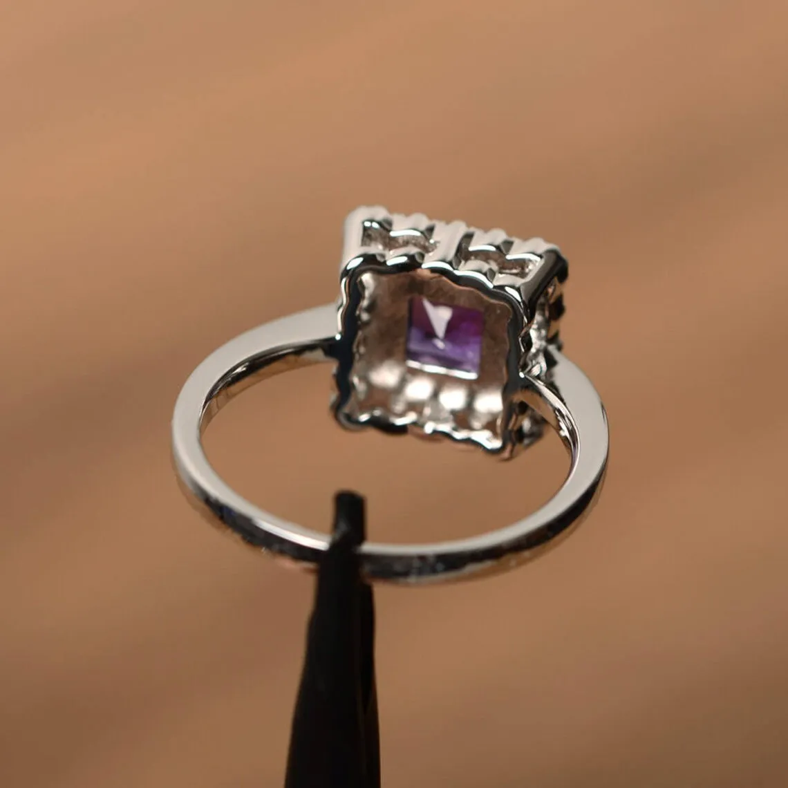 Natural Square Cut Amethyst Halo Statement Ring - 925 Sterling Silver Rings