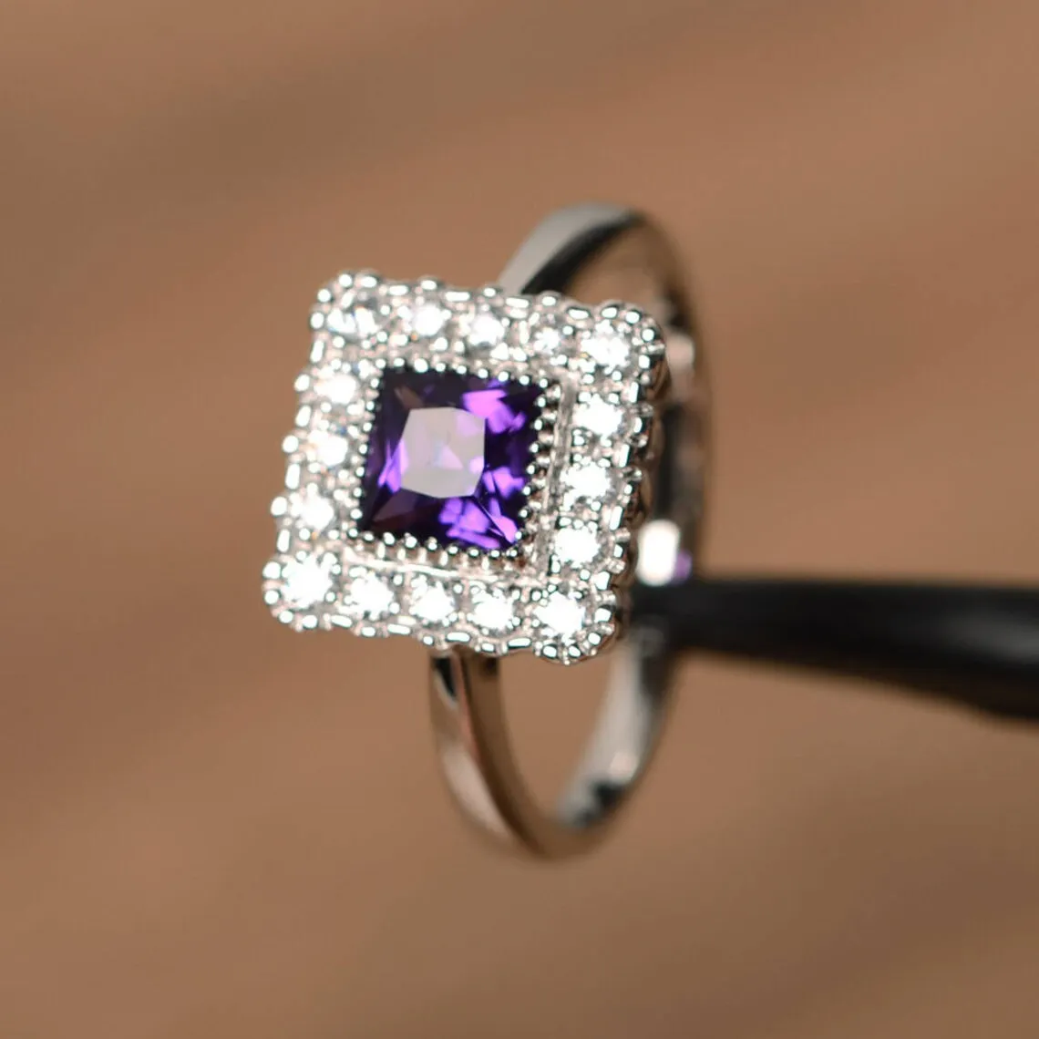 Natural Square Cut Amethyst Halo Statement Ring - 925 Sterling Silver Rings