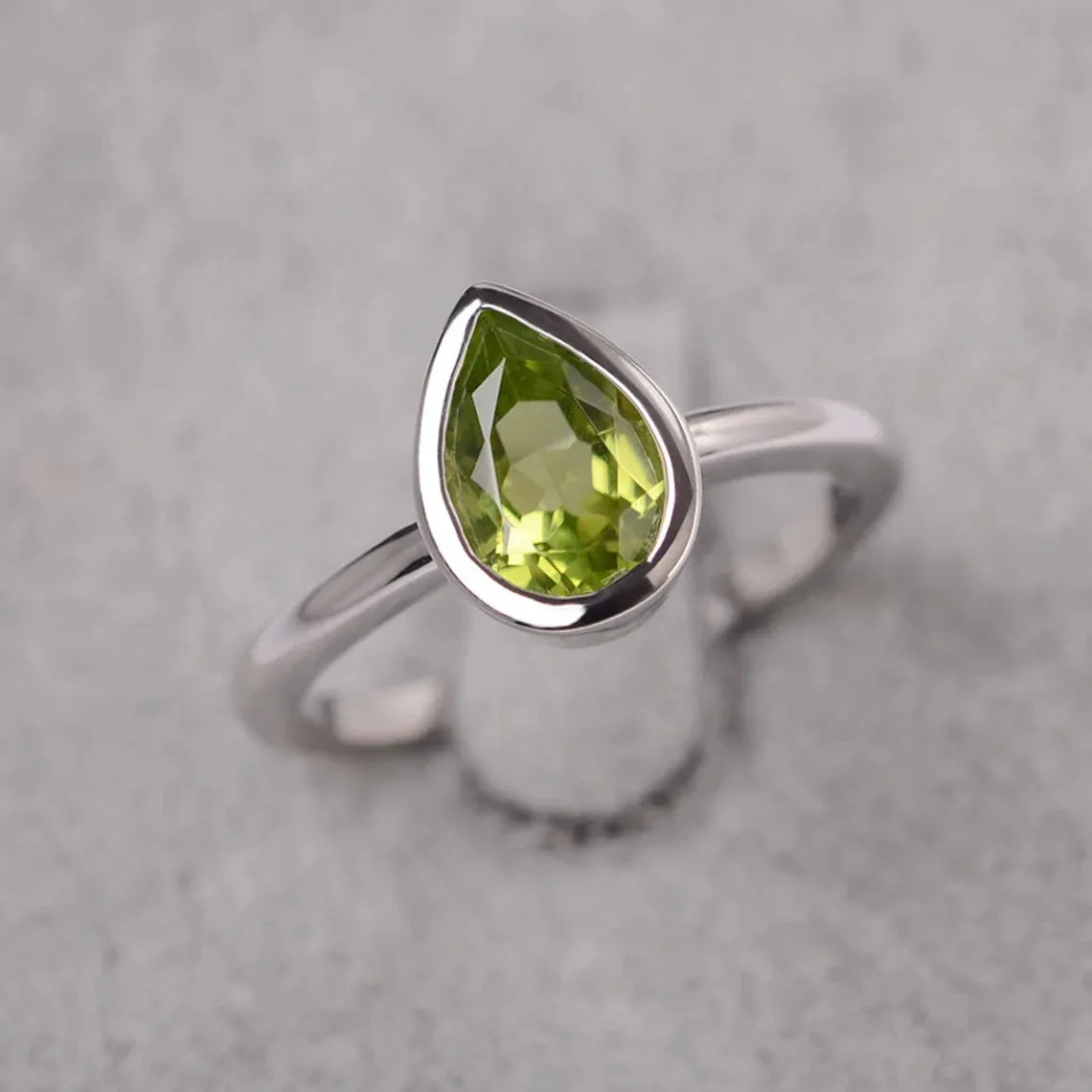 Natural Teardrop Cut Peridot Engagement Ring - 925 Sterling Silver Ring