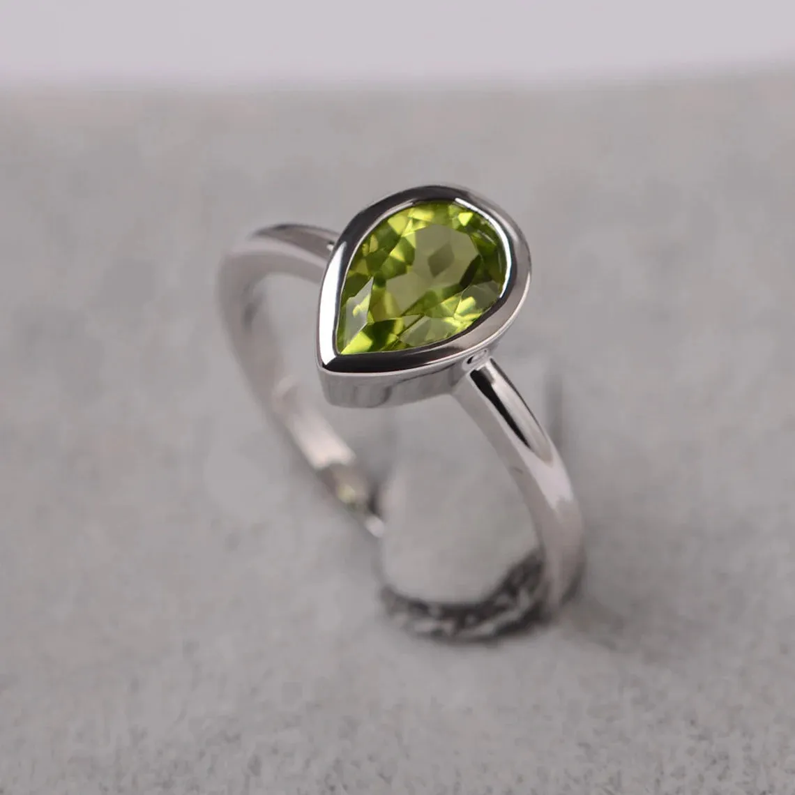 Natural Teardrop Cut Peridot Engagement Ring - 925 Sterling Silver Ring