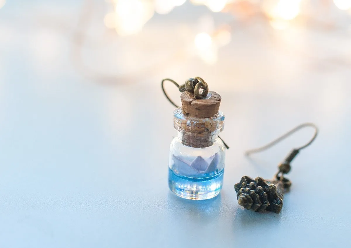 Ocean inspired, paper boat bottle earrings