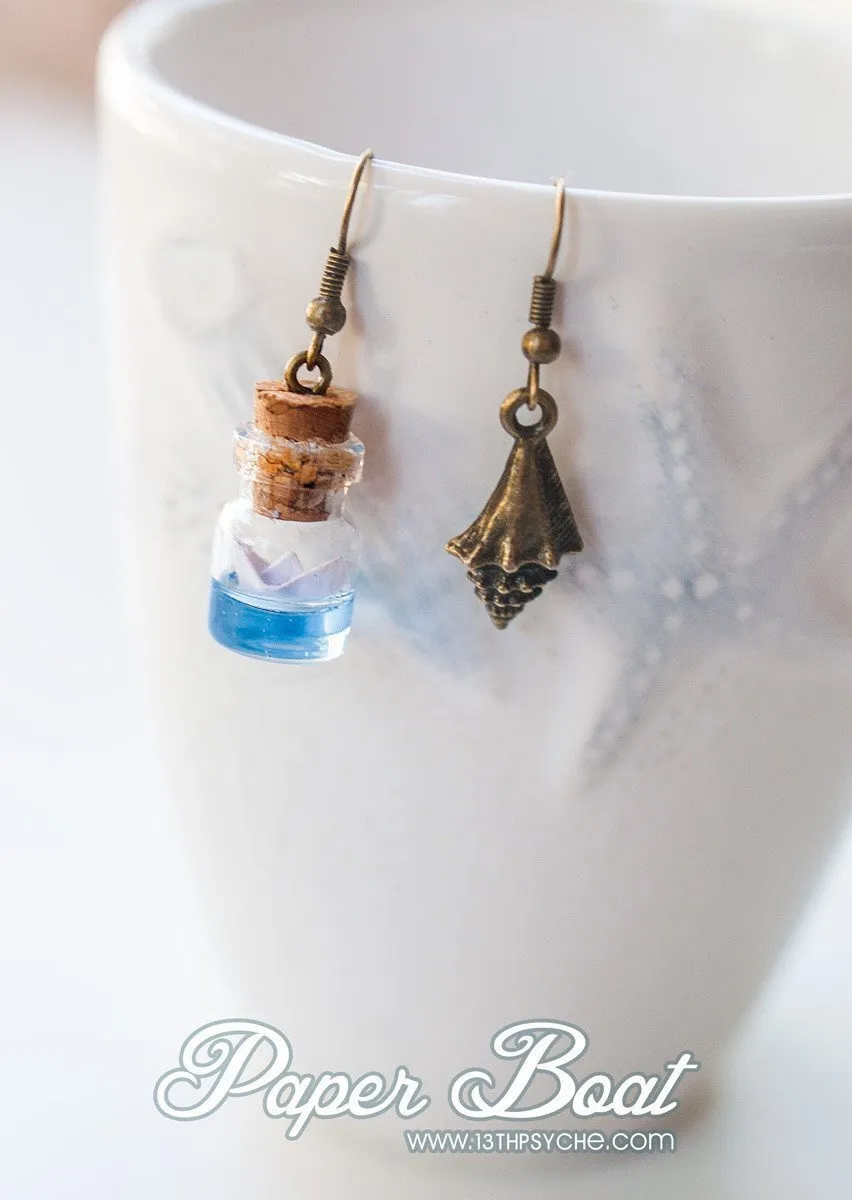 Ocean inspired, paper boat bottle earrings