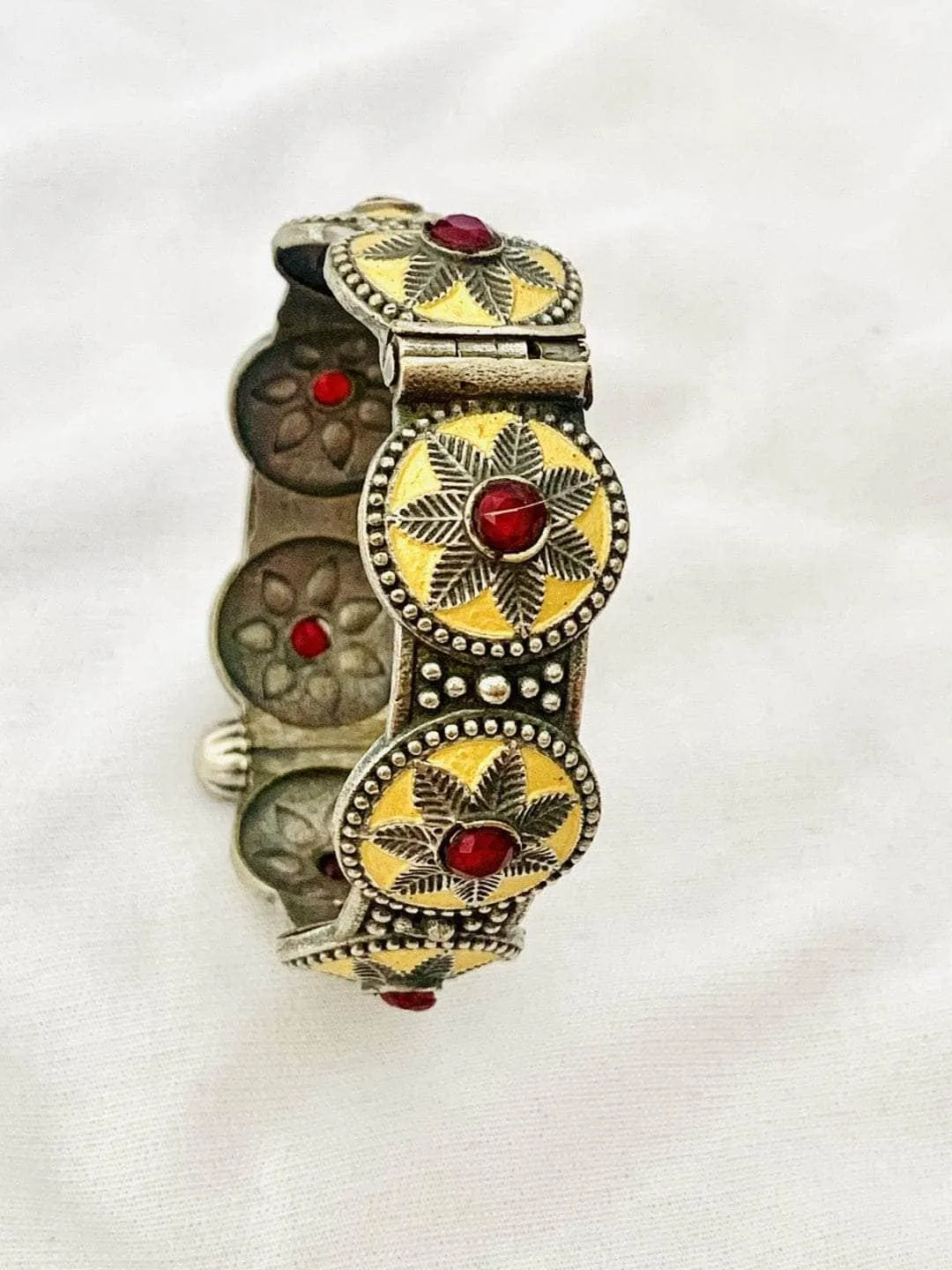 Oxidised Tribal Bangle With Red Stones