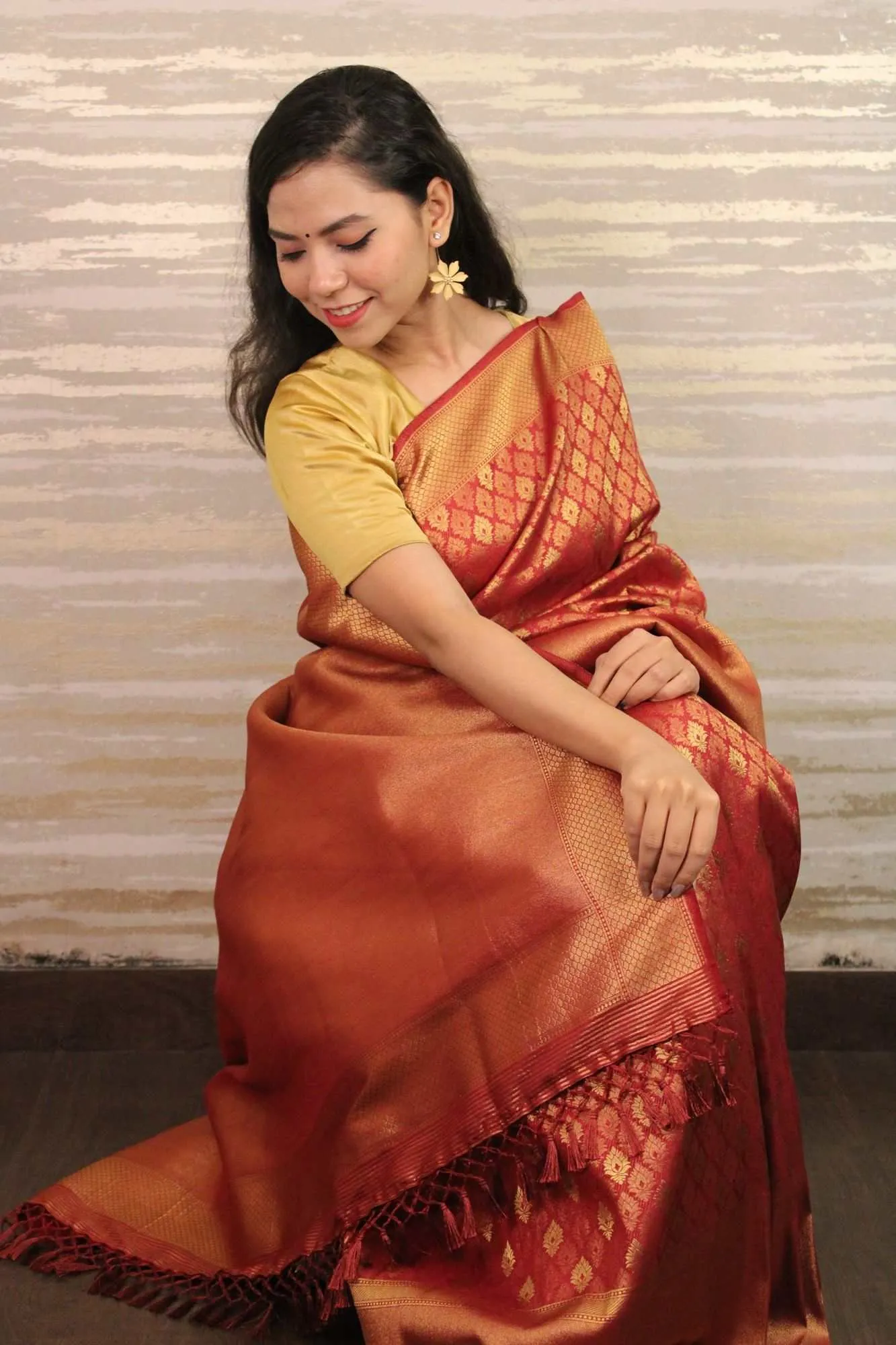 red kanjeevaram woven zari all over wrap in 1 minute saree