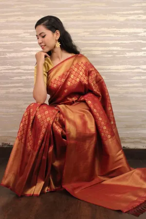 red kanjeevaram woven zari all over wrap in 1 minute saree