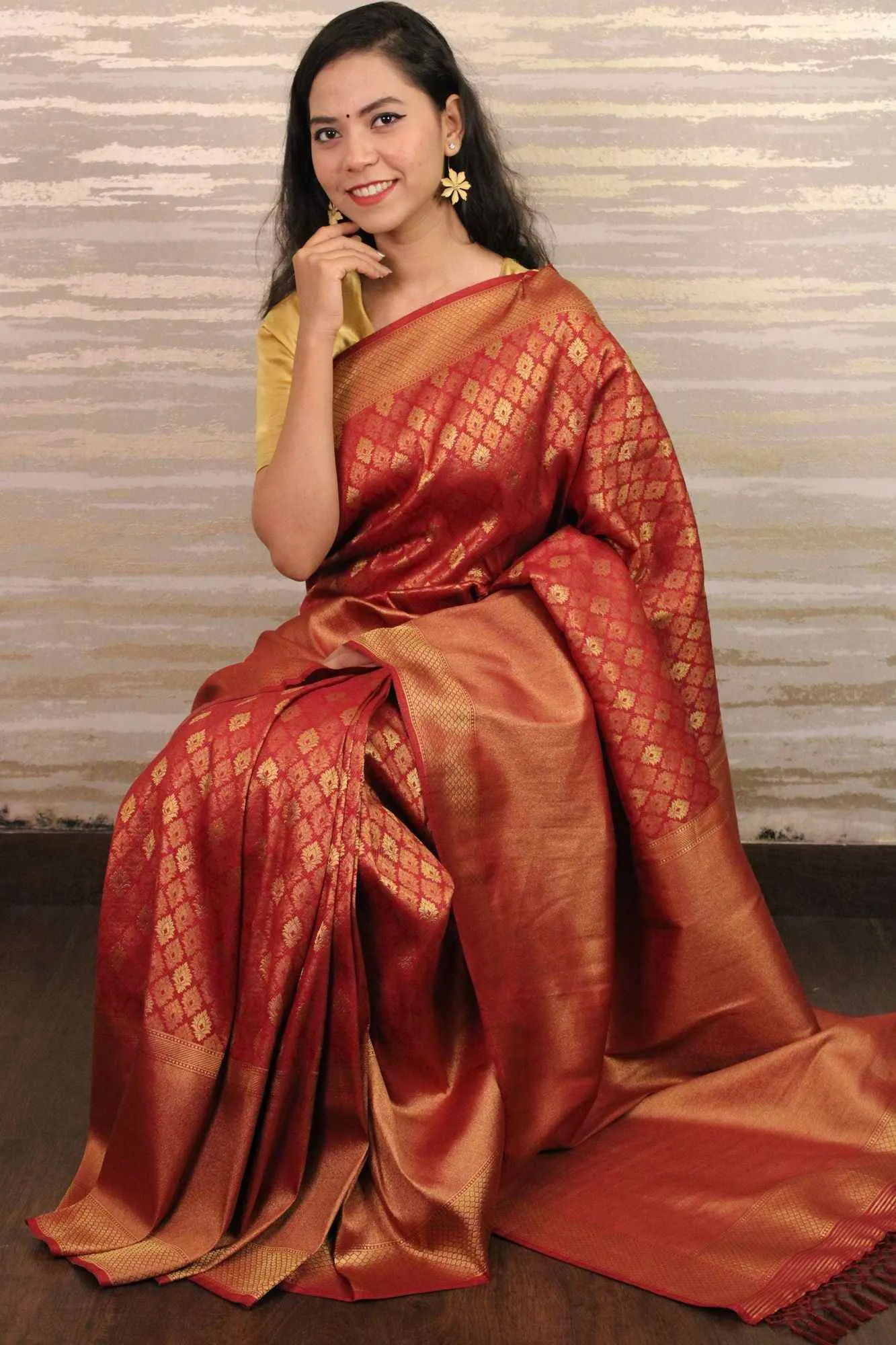 red kanjeevaram woven zari all over wrap in 1 minute saree