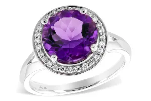 Round Amethyst & Diamond Halo Ring 14K White Gold