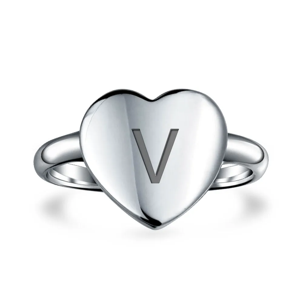 Simple ABC Heart Monogram Initial Rings Sterling Silver Ring A-Z Signet