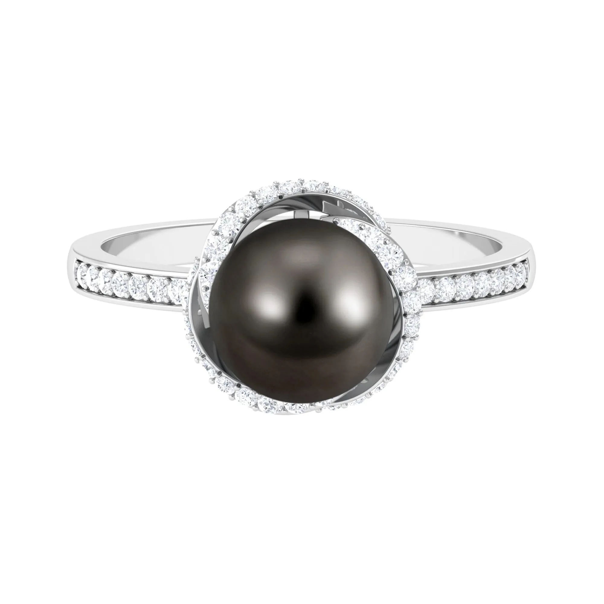 Simple Tahitian Pearl Solitaire Ring with Diamond Swirl