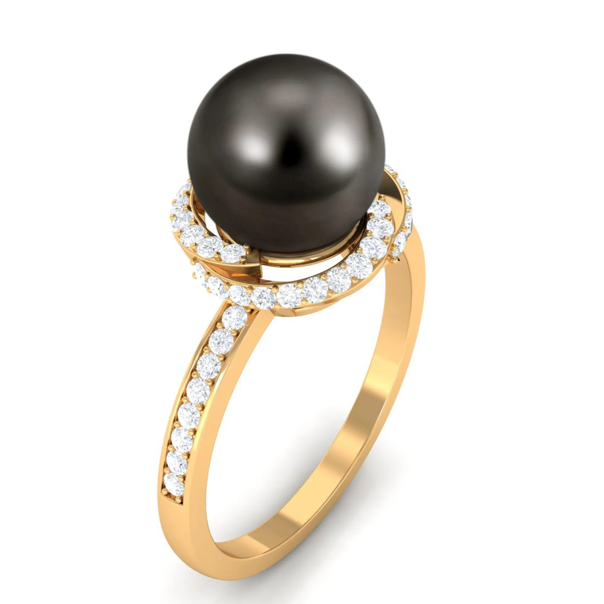 Simple Tahitian Pearl Solitaire Ring with Diamond Swirl