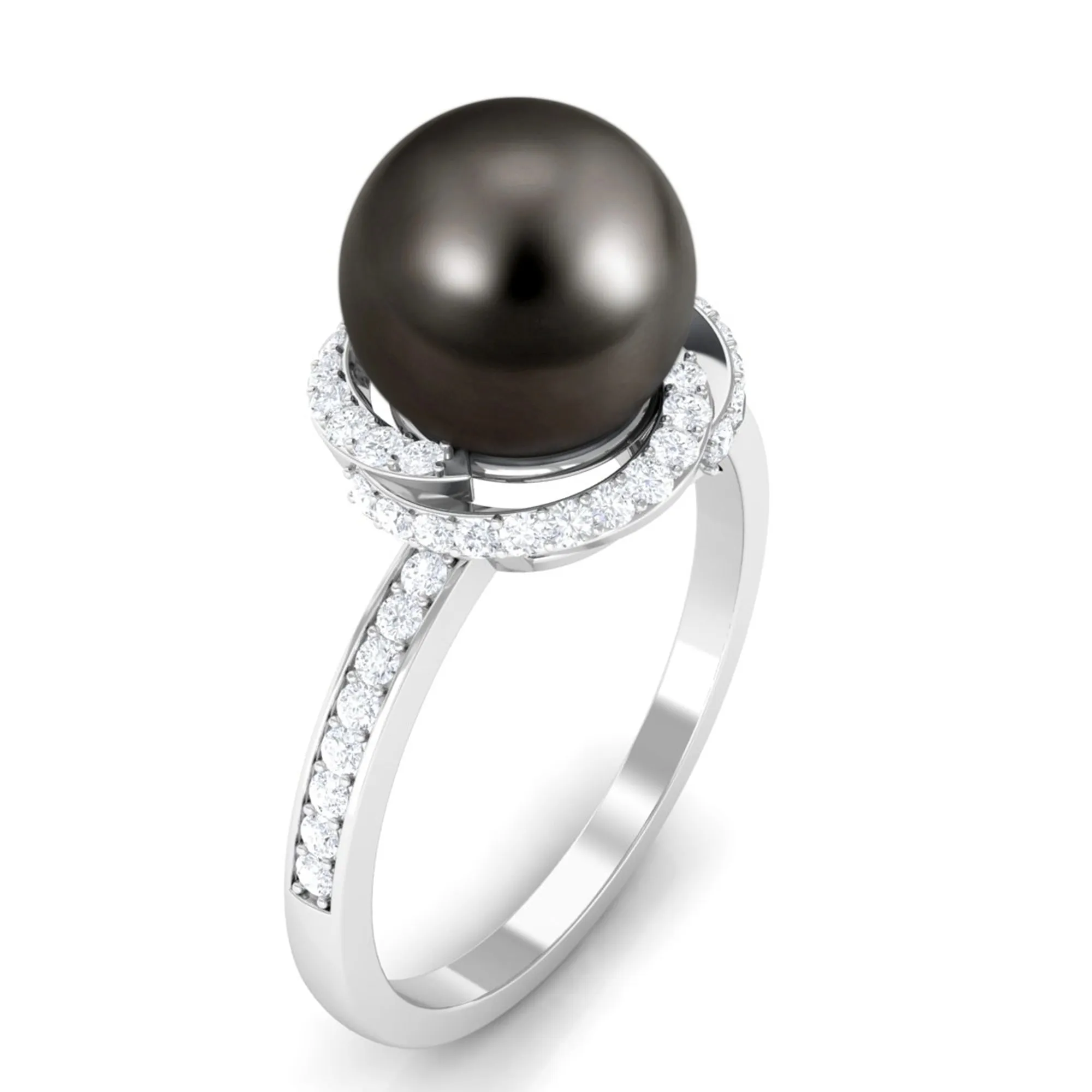 Simple Tahitian Pearl Solitaire Ring with Diamond Swirl