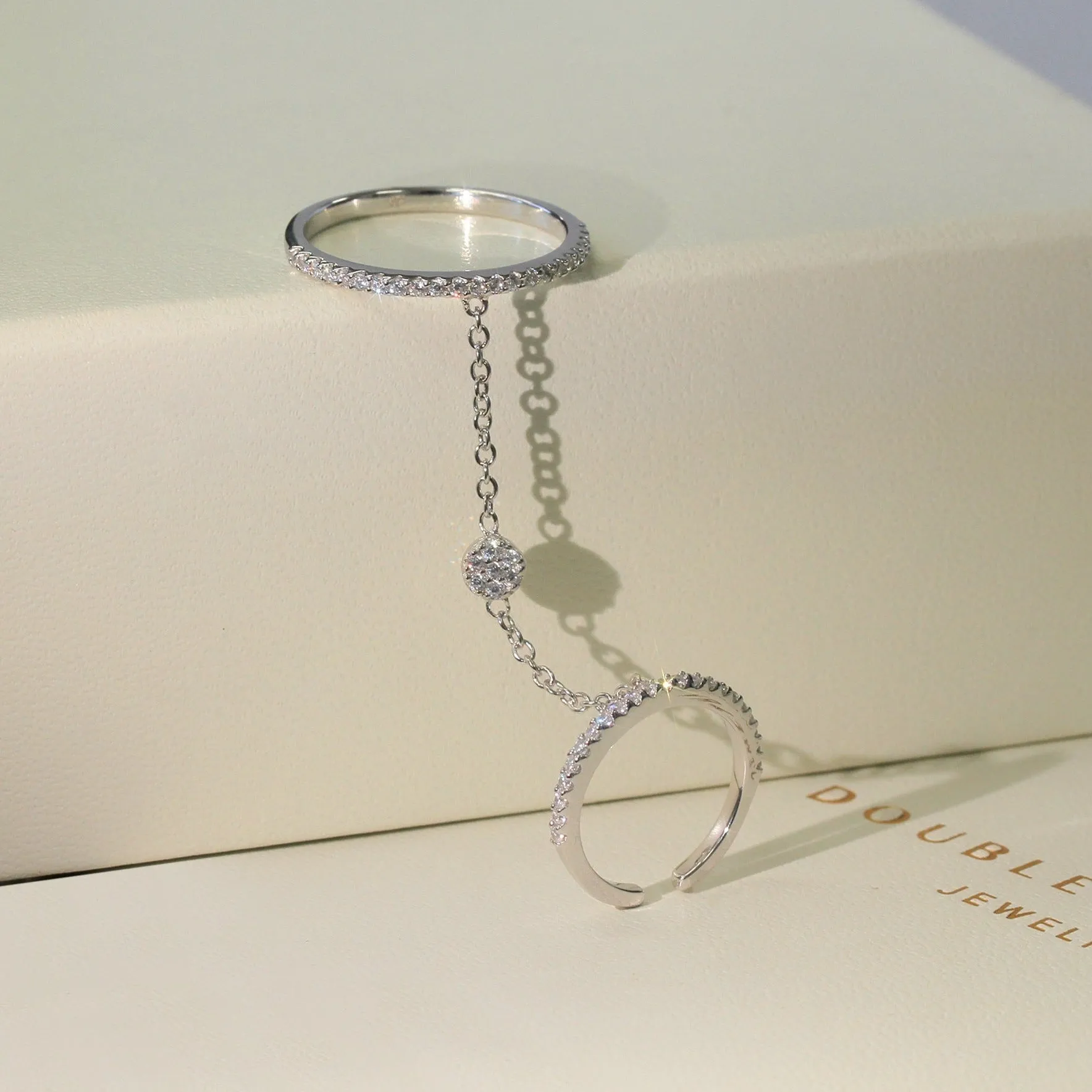 Sterling Silver Double Finger Knuckle Ring with Chain