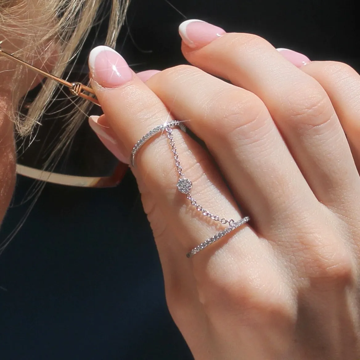 Sterling Silver Double Finger Knuckle Ring with Chain