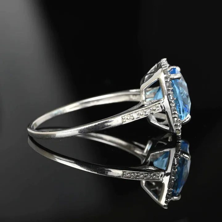 Swiss Blue Topaz Promise Halo Rings - 925 Sterling Silver Handmade Vintage Rings