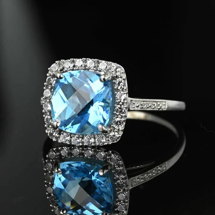 Swiss Blue Topaz Promise Halo Rings - 925 Sterling Silver Handmade Vintage Rings