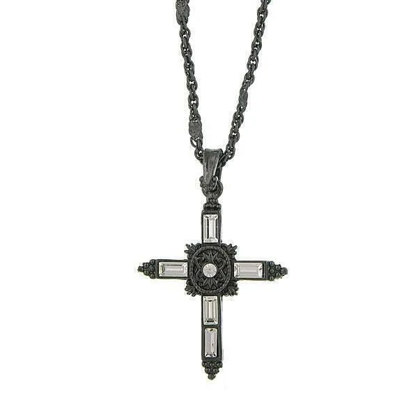 Symbols Of Faith Baguette Cut Crystal Ornate Cross Pendant Necklace 18"