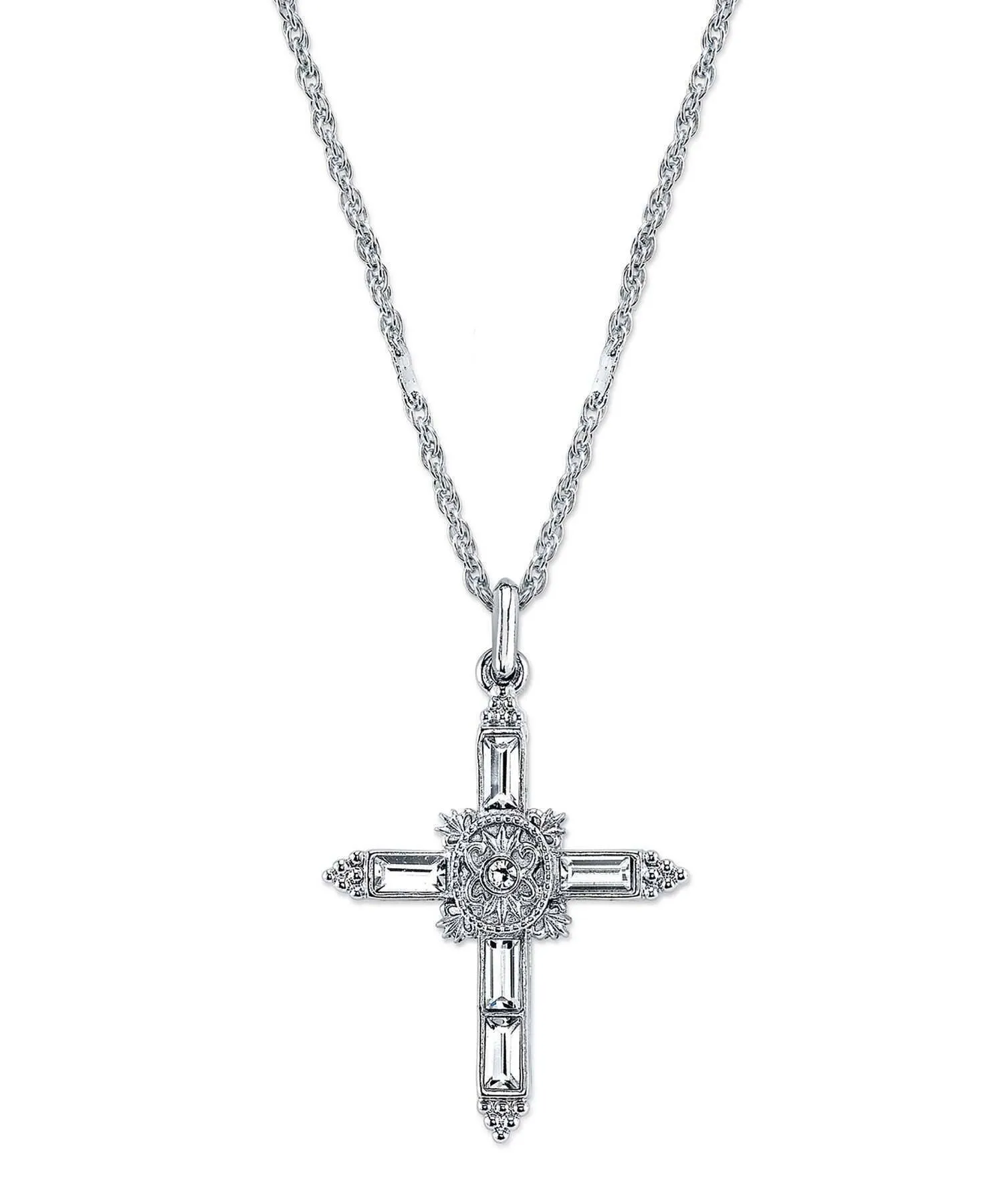 Symbols Of Faith Baguette Cut Crystal Ornate Cross Pendant Necklace 18"