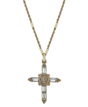 Symbols Of Faith Baguette Cut Crystal Ornate Cross Pendant Necklace 18"