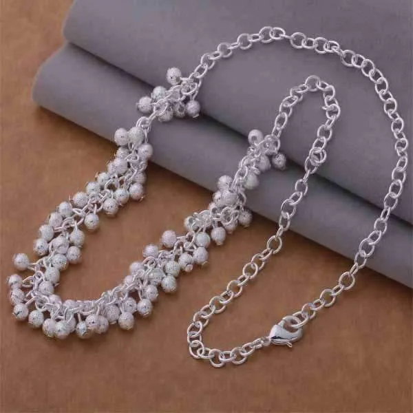 Tiny Dangling Grape Beads Silver Necklace for Women 20 inch