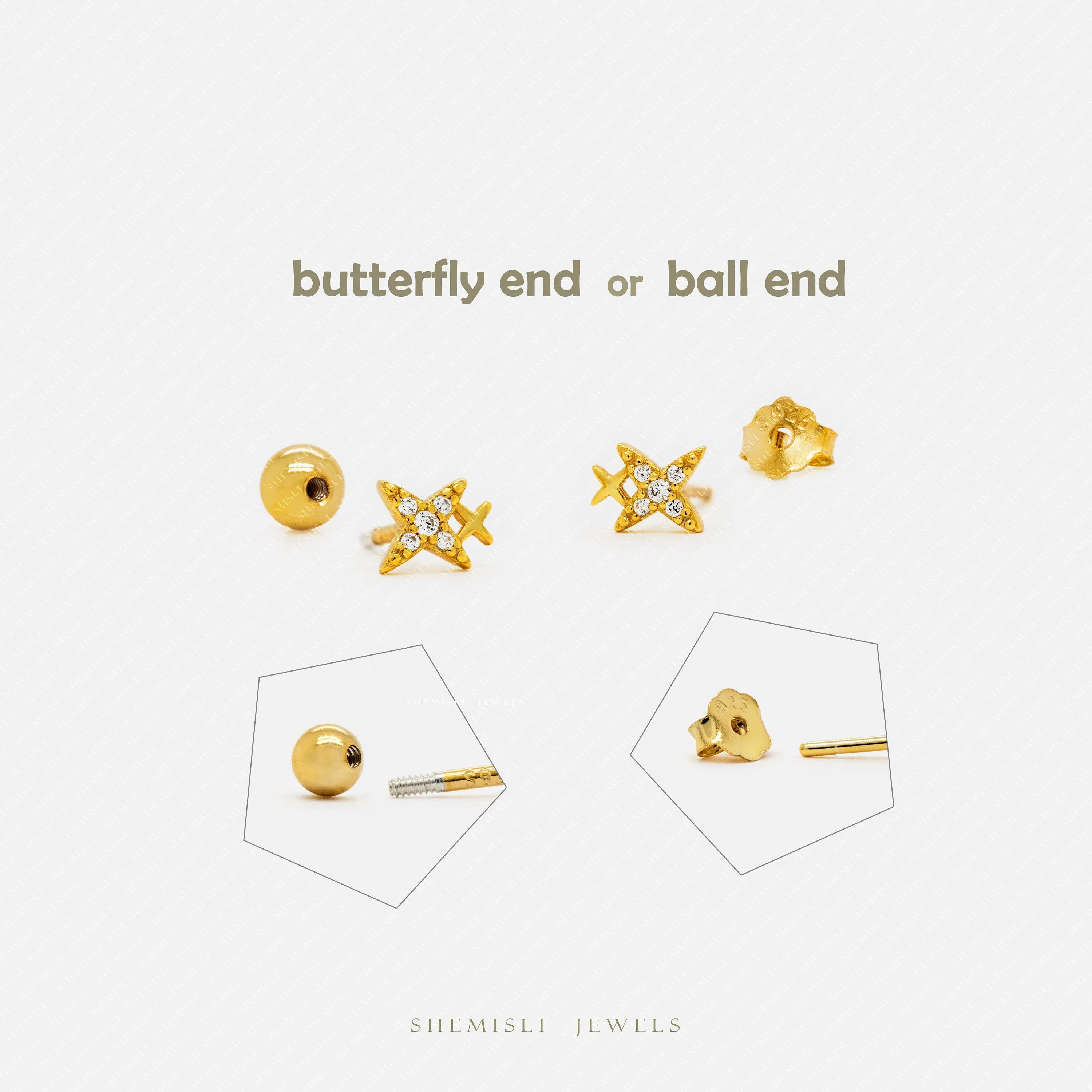 Tiny Double Star Stud Earrings, Unisex, Gold, Silver SHEMISLI SS665 Butterfly End, SS666 Screw Ball End (Type A)