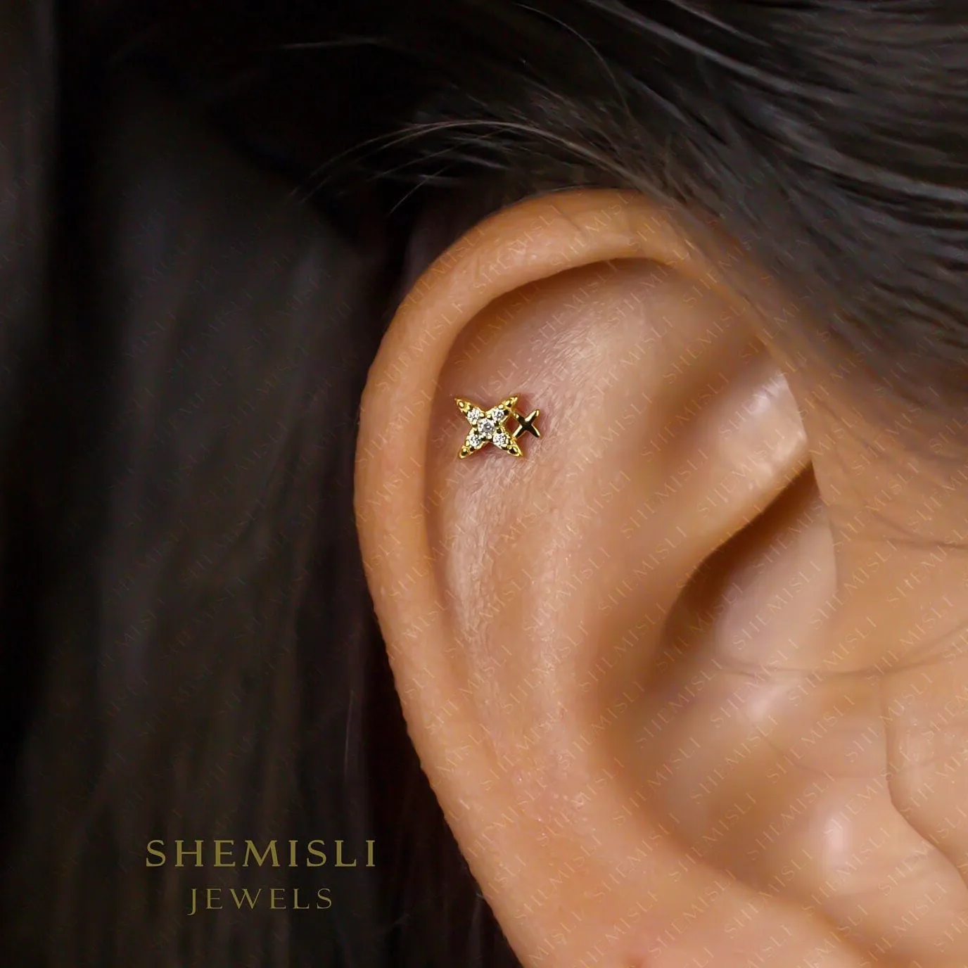 Tiny Double Star Stud Earrings, Unisex, Gold, Silver SHEMISLI SS665 Butterfly End, SS666 Screw Ball End (Type A)