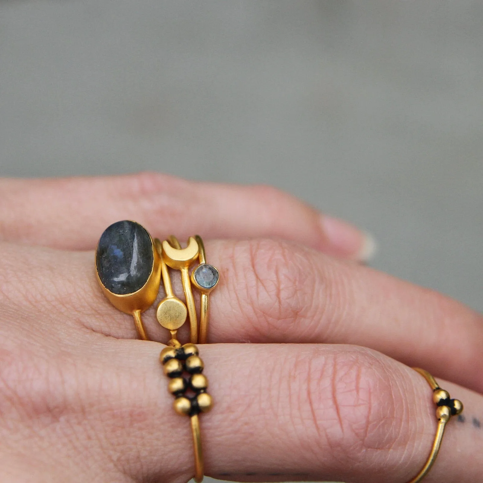 Tiny Faceted Single Labradorite in Gold Plated Brass Ring