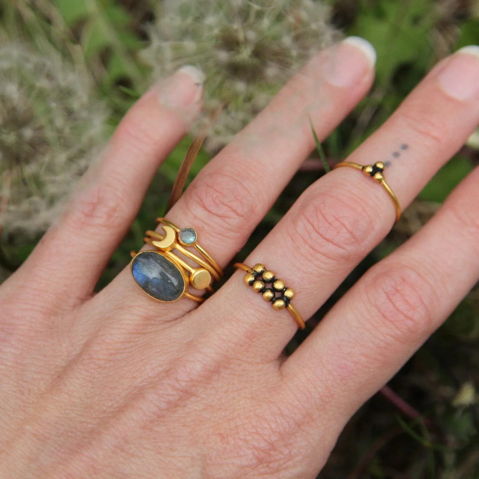 Tiny Faceted Single Labradorite in Gold Plated Brass Ring