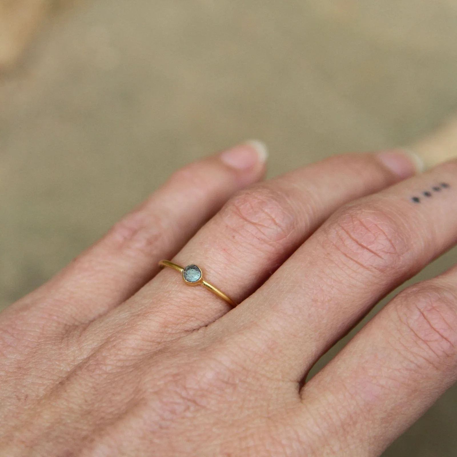 Tiny Faceted Single Labradorite in Gold Plated Brass Ring