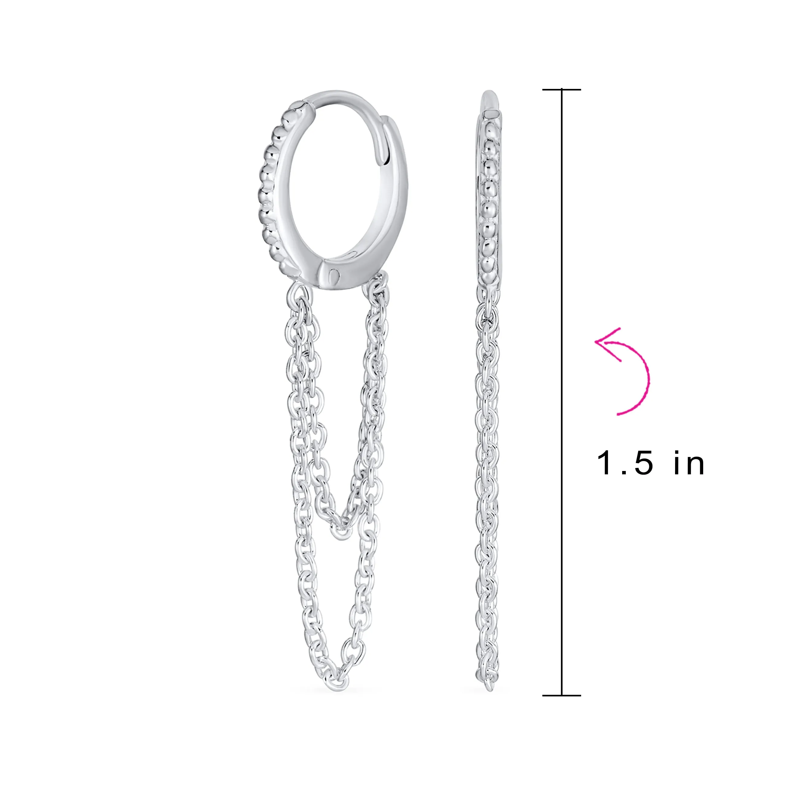 Trendy Dainty CZ Hoop Earrings with Pave Accent and Double Chain in Sterling Silver