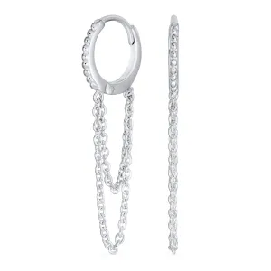 Trendy Dainty CZ Hoop Earrings with Pave Accent and Double Chain in Sterling Silver