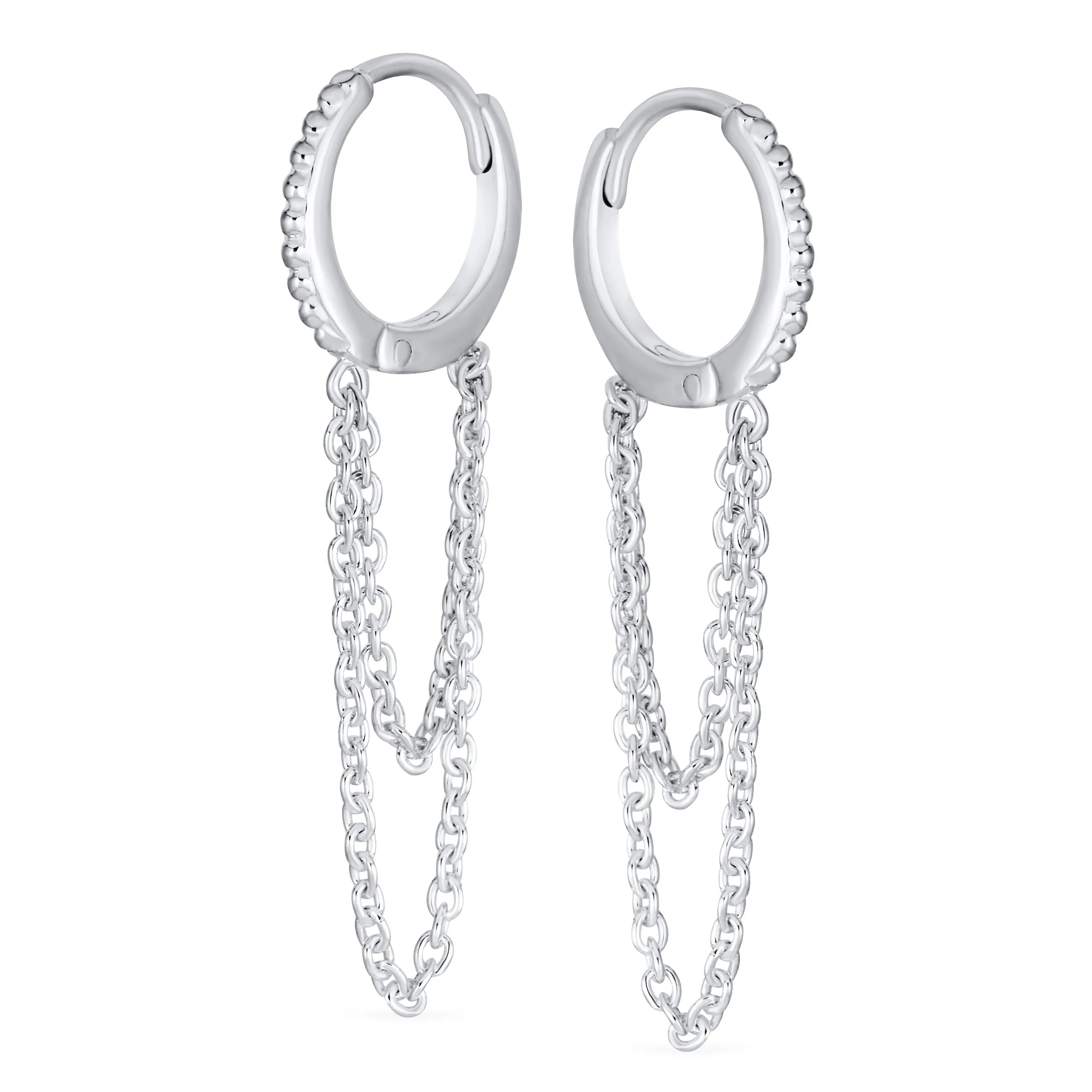 Trendy Dainty CZ Hoop Earrings with Pave Accent and Double Chain in Sterling Silver