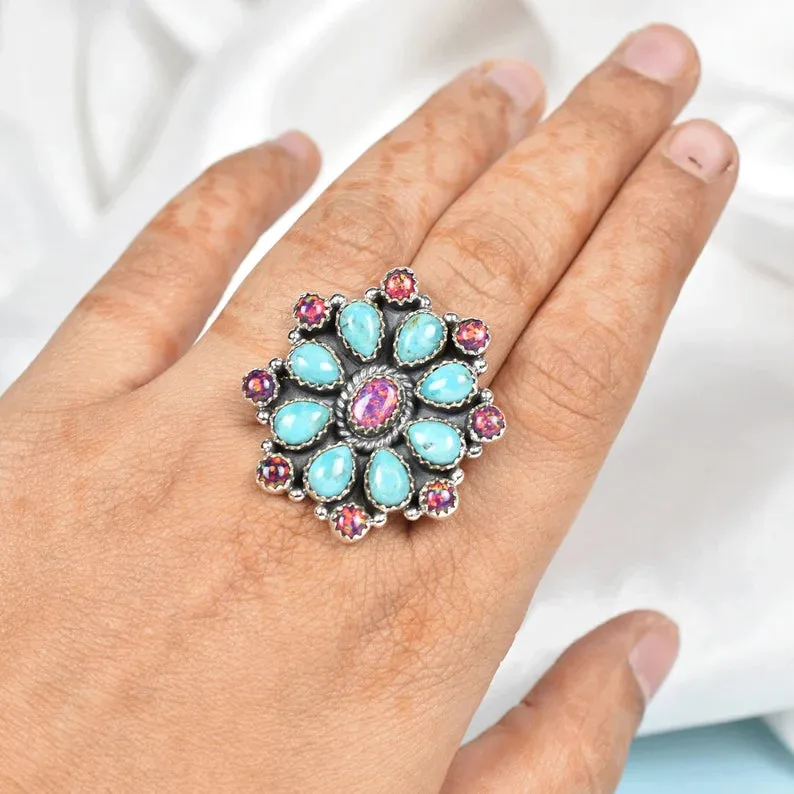 Turquoise & Bello Opal Floral Shaped Cluster Rings - 925 Sterling Silver Native American Rings