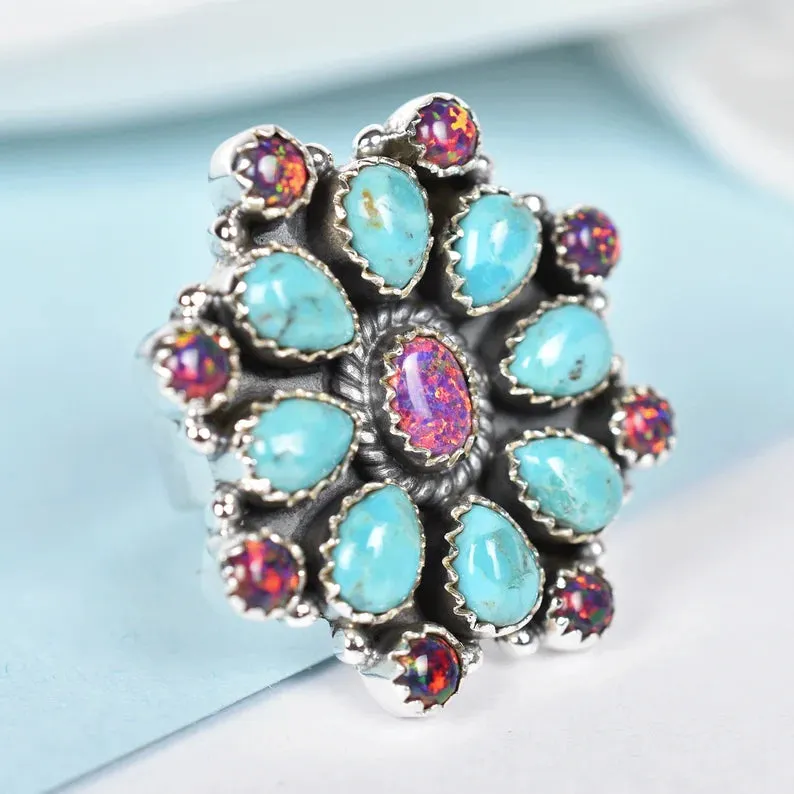 Turquoise & Bello Opal Floral Shaped Cluster Rings - 925 Sterling Silver Native American Rings