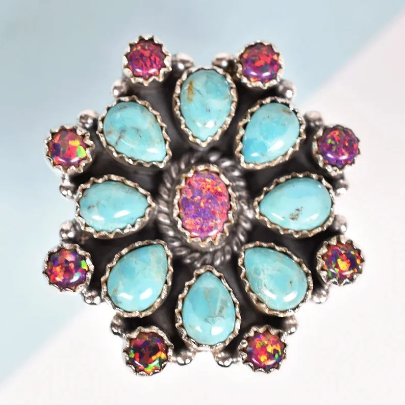 Turquoise & Bello Opal Floral Shaped Cluster Rings - 925 Sterling Silver Native American Rings