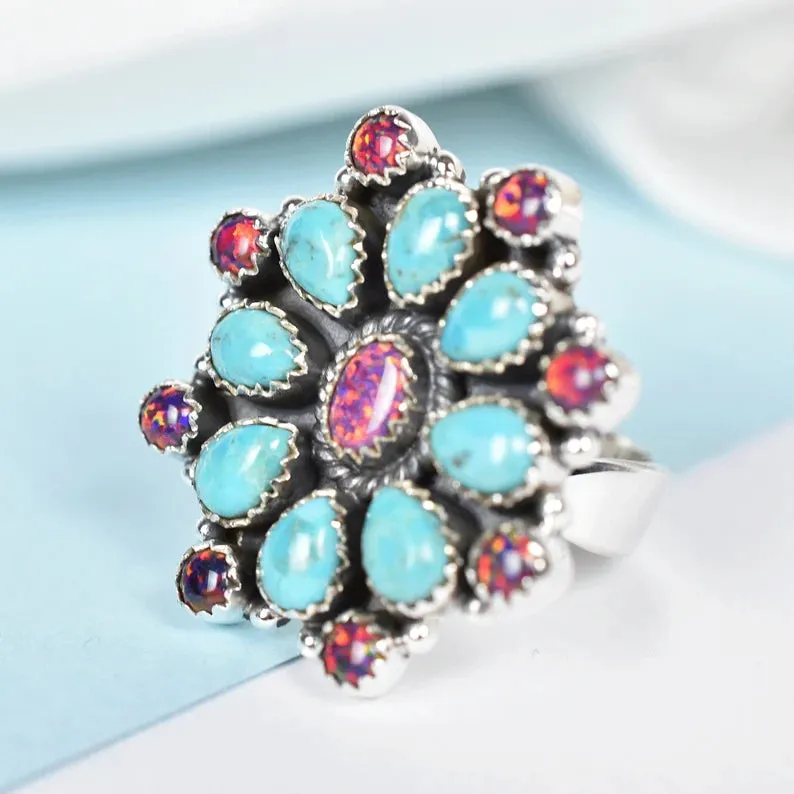 Turquoise & Bello Opal Floral Shaped Cluster Rings - 925 Sterling Silver Native American Rings