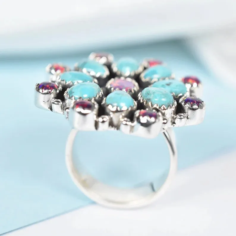 Turquoise & Bello Opal Floral Shaped Cluster Rings - 925 Sterling Silver Native American Rings