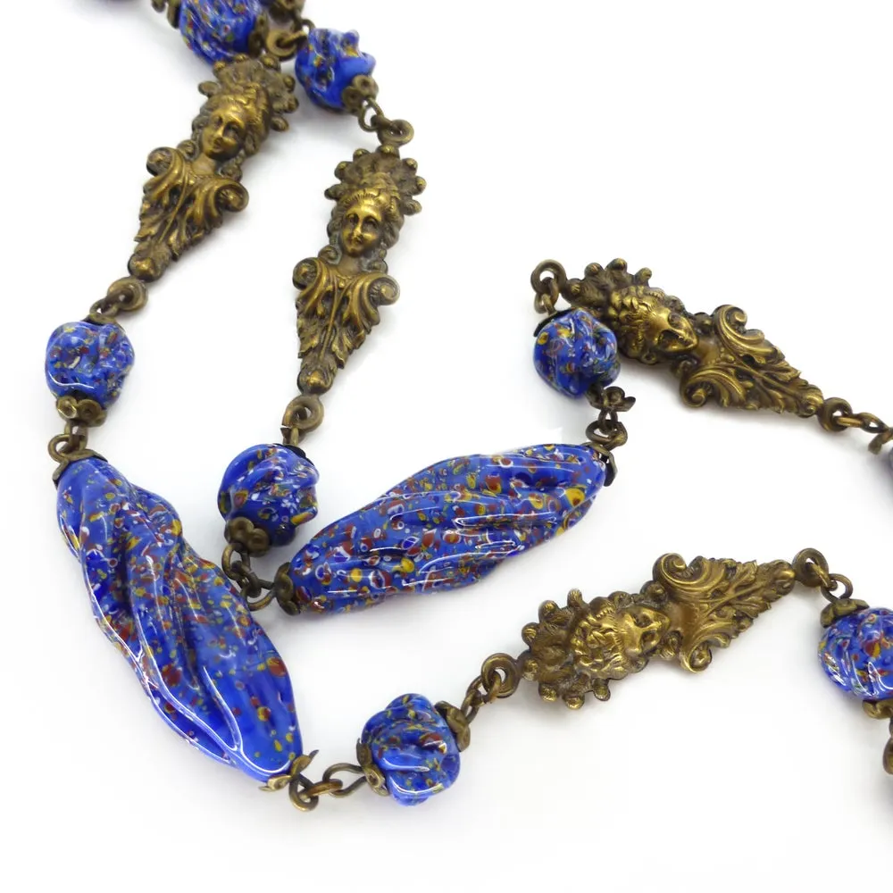 Vintage Art Deco Czech Figural Elizabethan Lady Blue Millefiori Glass Bead Necklace