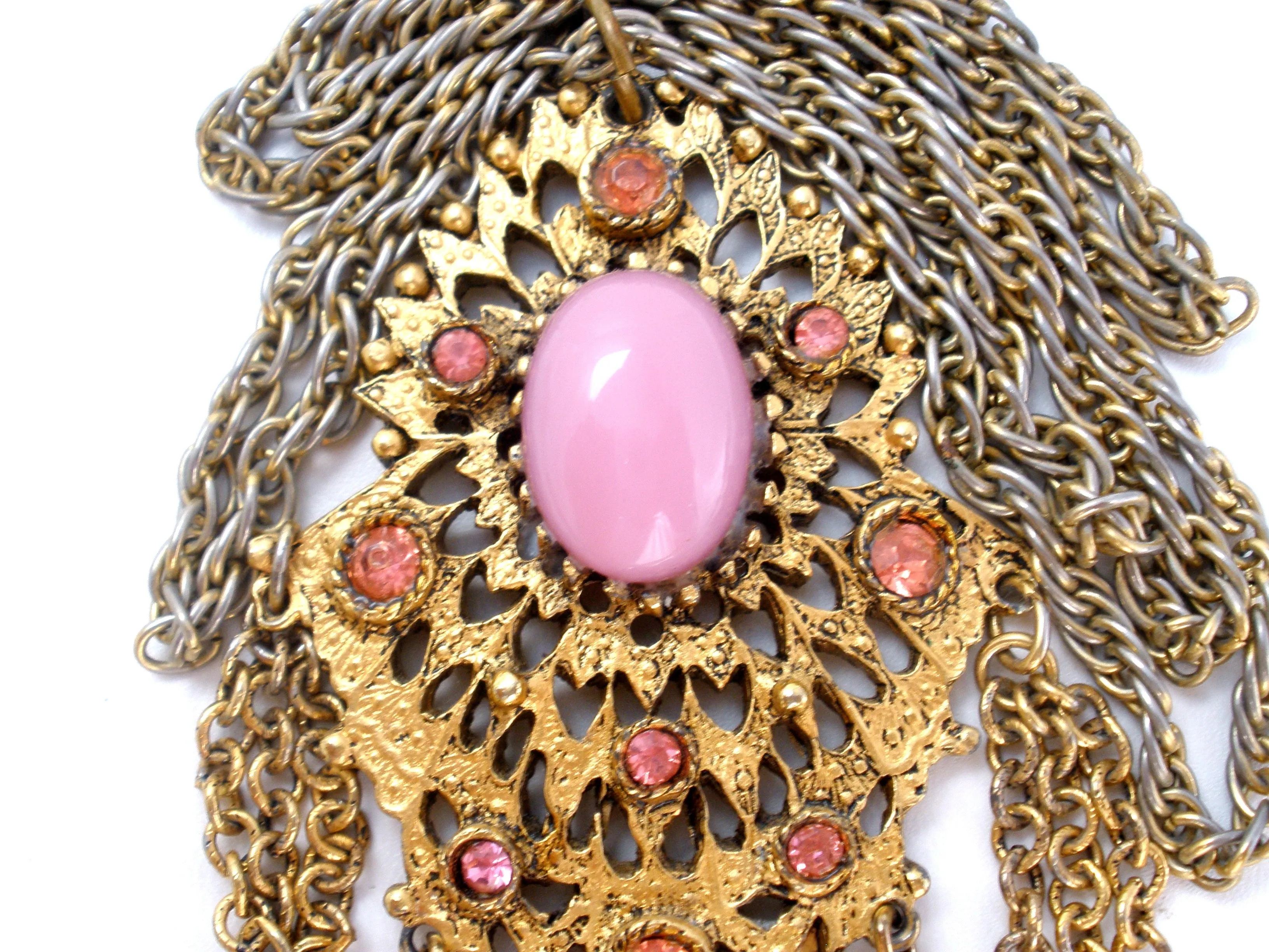 Vintage Pink Rhinestone Gold Chain Necklace