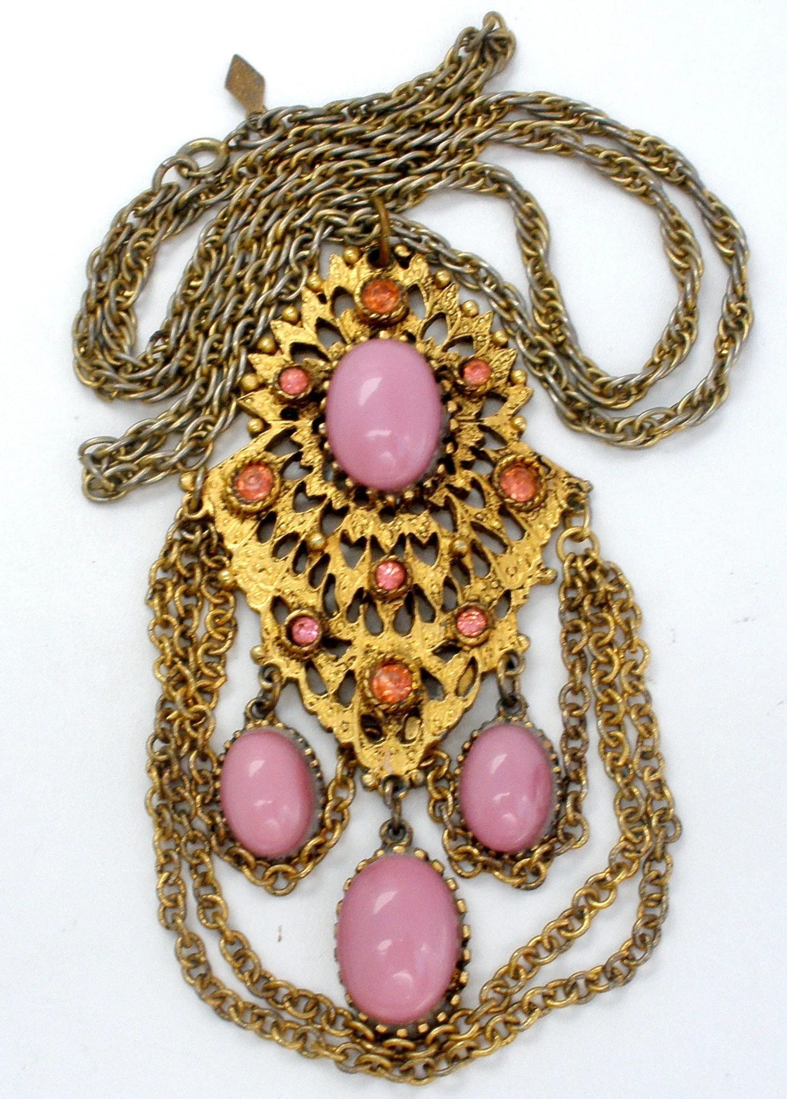 Vintage Pink Rhinestone Gold Chain Necklace