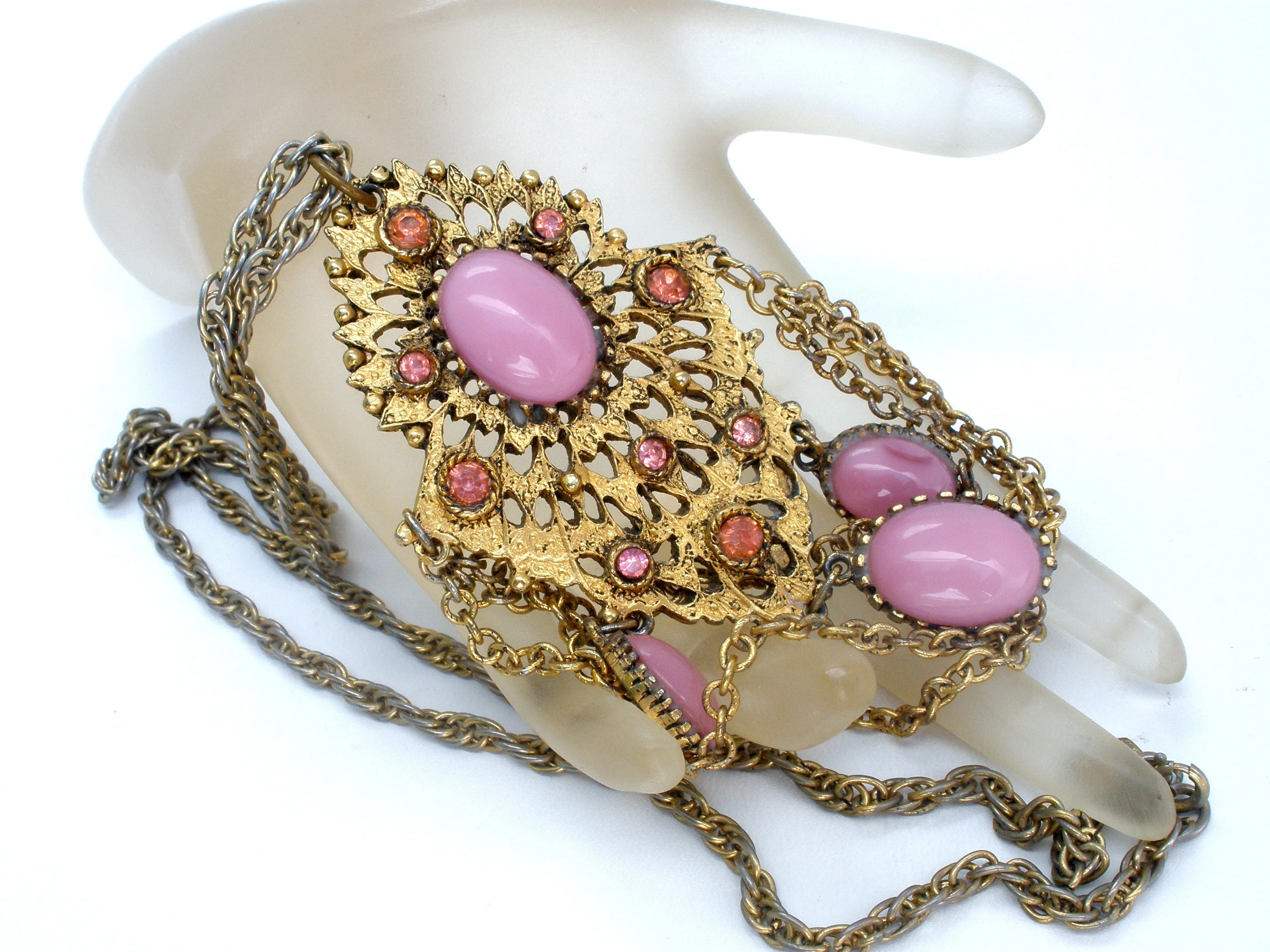 Vintage Pink Rhinestone Gold Chain Necklace