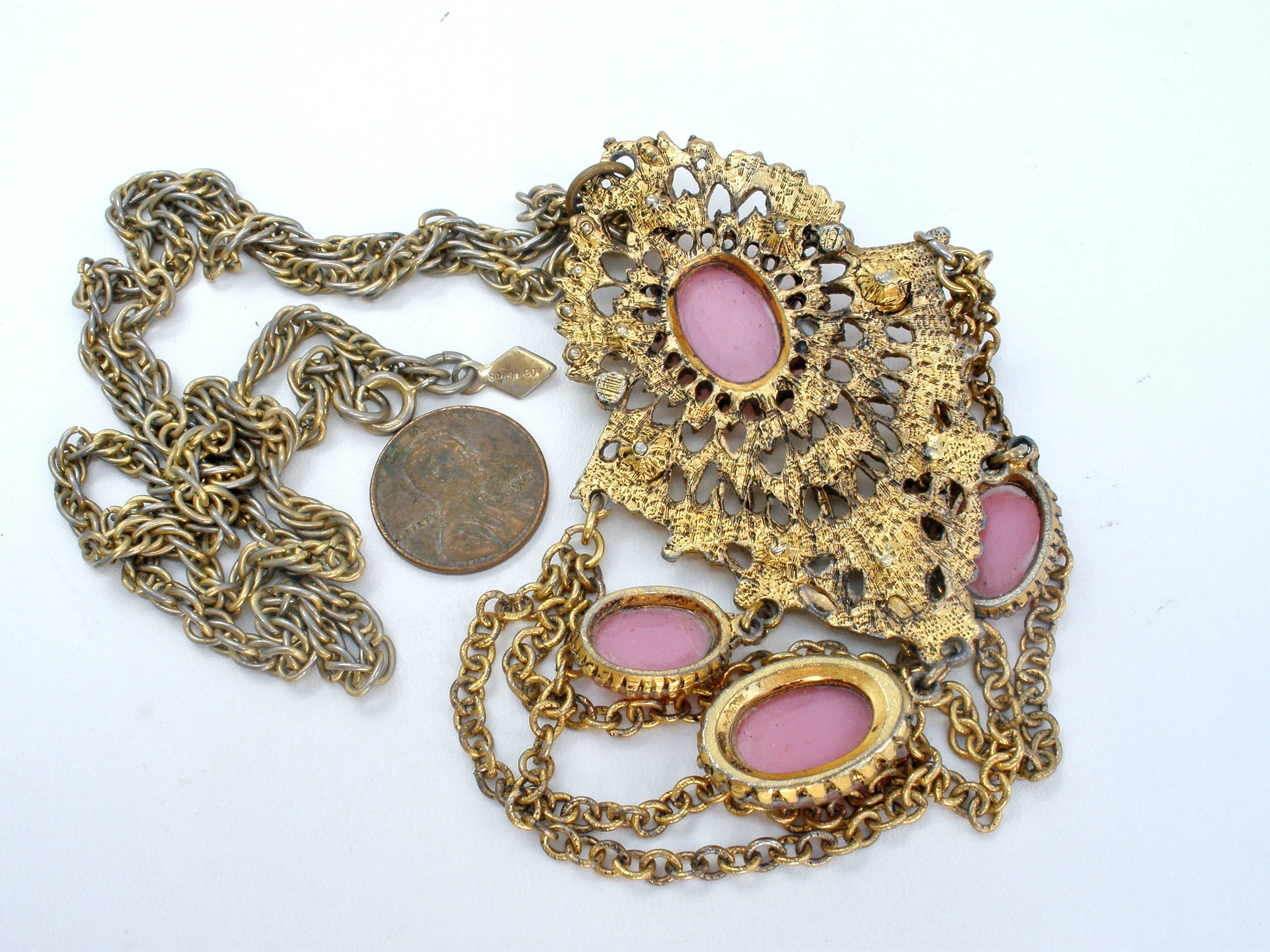 Vintage Pink Rhinestone Gold Chain Necklace