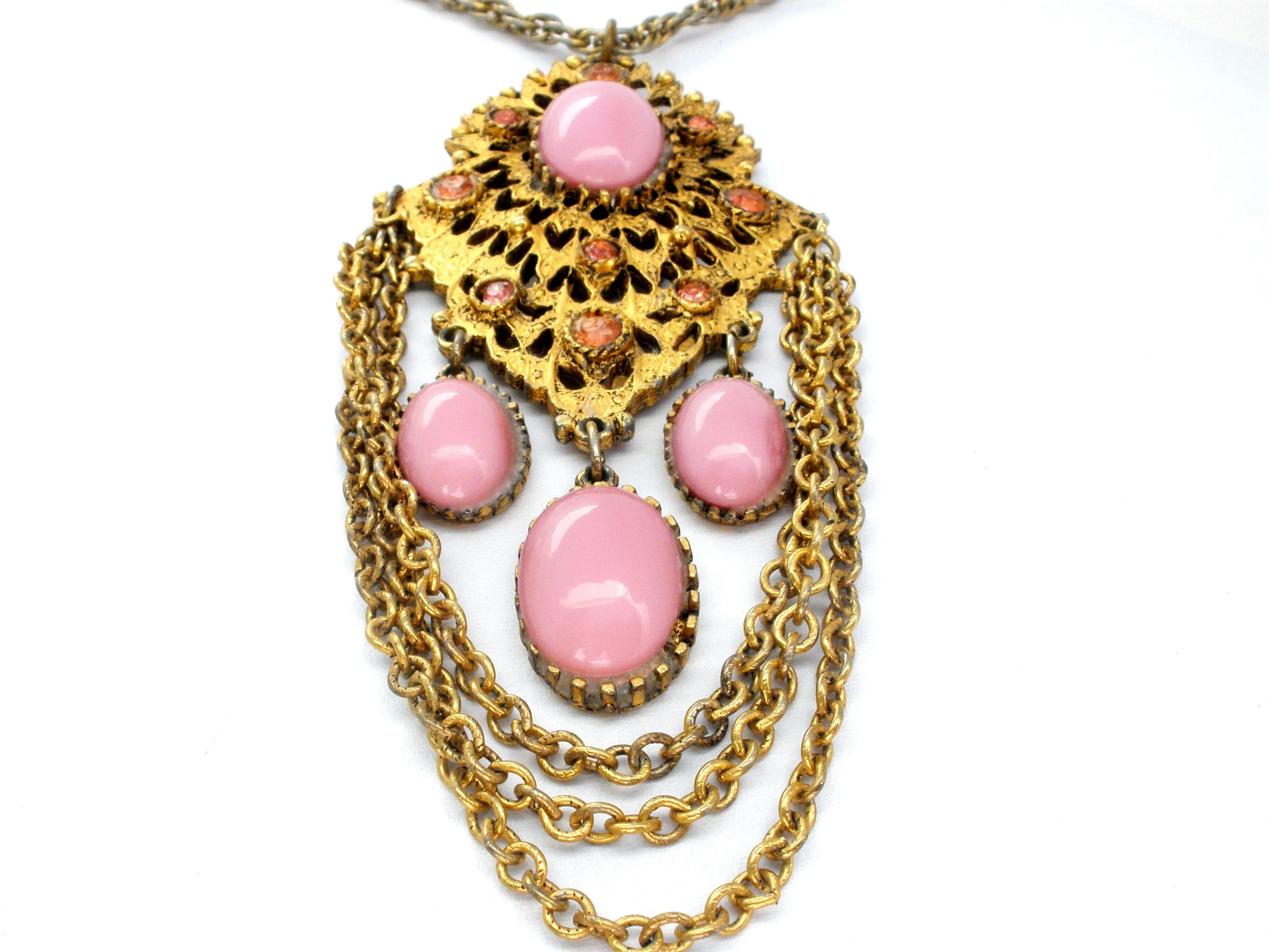 Vintage Pink Rhinestone Gold Chain Necklace